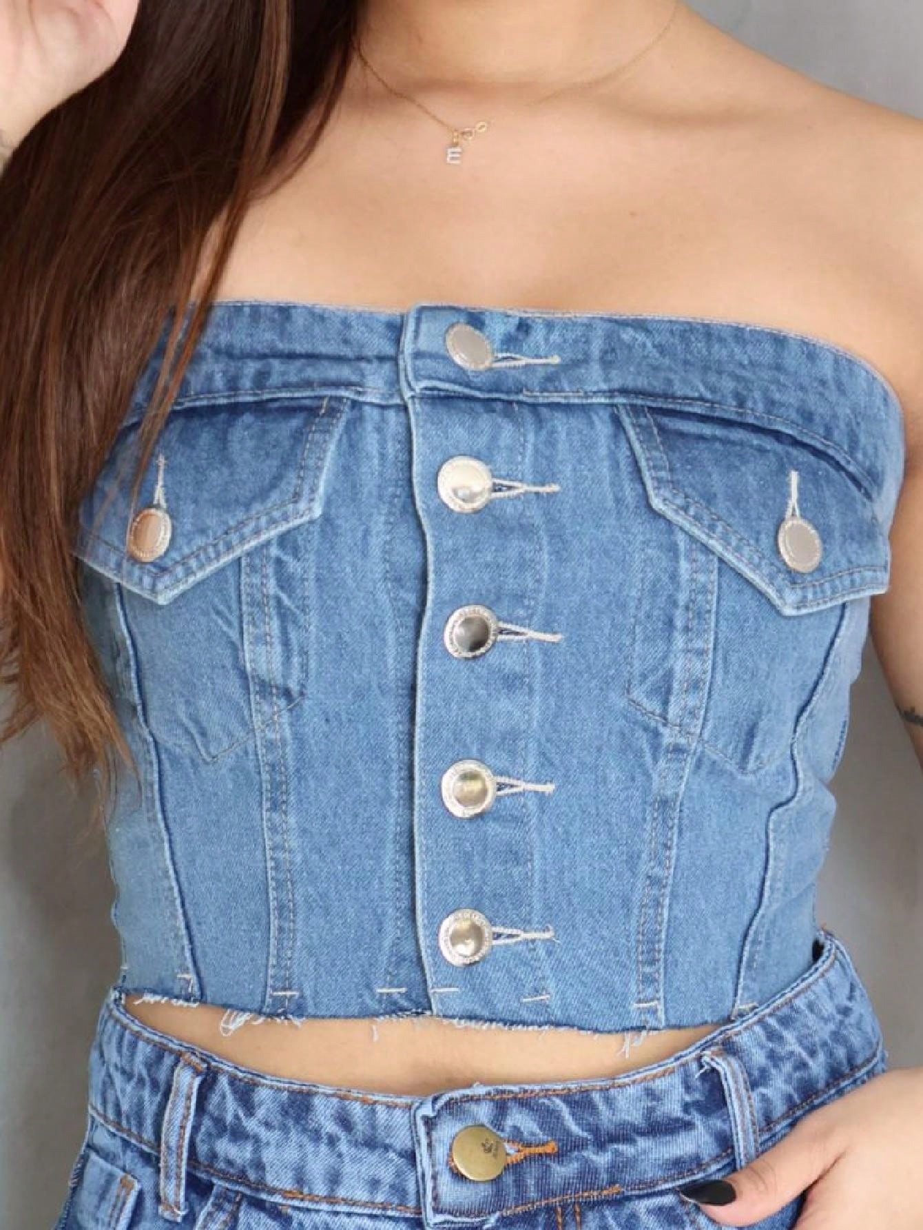 Conjunto Jeans Feminino - Blusa Sem Alça e Saia Longa