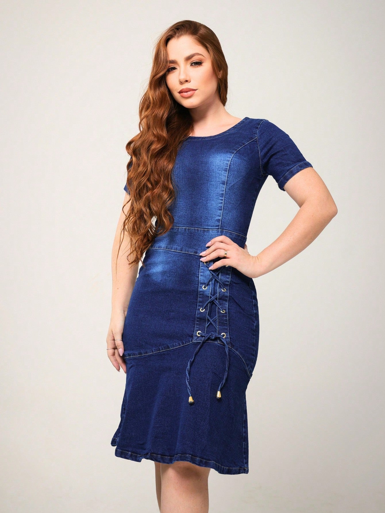 Vestido Jeans Feminino - Midi Elastano, Lavagem Média / M