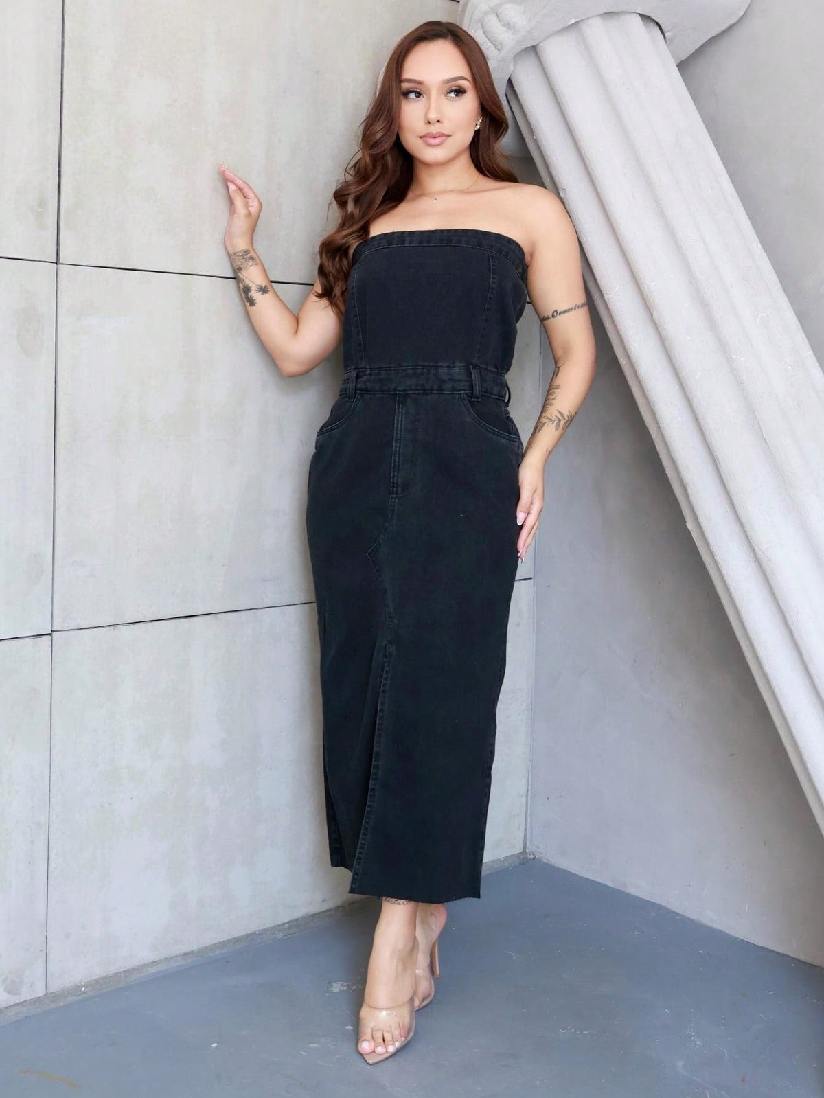 Vestido Jeans Midi com Fenda