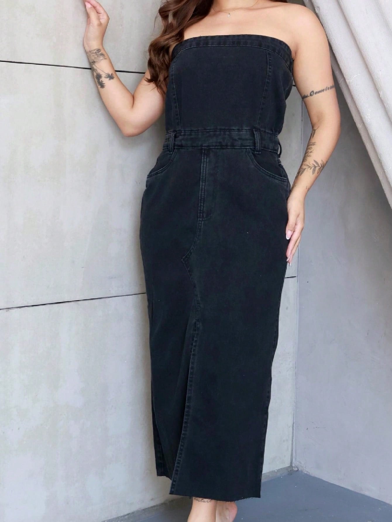 Vestido Jeans Midi com Fenda