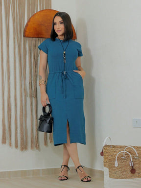 Vestido Midi Feminino Casual com Fenda Frontal
