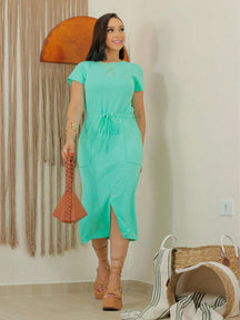 Vestido Midi Feminino Casual com Fenda Frontal