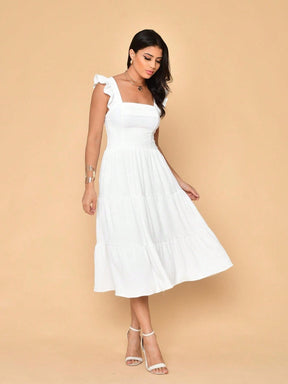 Vestido Midi Duna Lisa com Babado nas Mangas e Renda na Cintura
