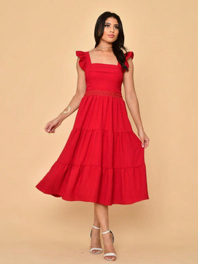 Vestido Midi Duna Lisa com Babado nas Mangas e Renda na Cintura