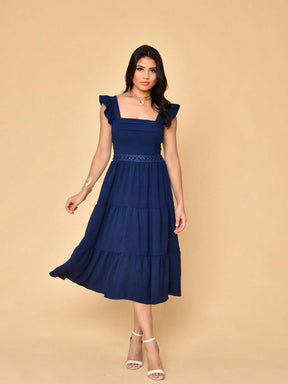 Vestido Midi Duna Lisa com Babado nas Mangas e Renda na Cintura