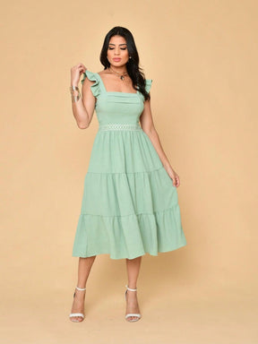 Vestido Midi Duna Lisa com Babado nas Mangas e Renda na Cintura