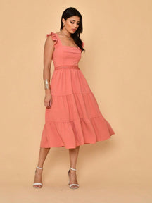 Vestido Midi Duna Lisa com Babado nas Mangas e Renda na Cintura
