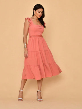 Vestido Midi Duna Lisa com Babado nas Mangas e Renda na Cintura