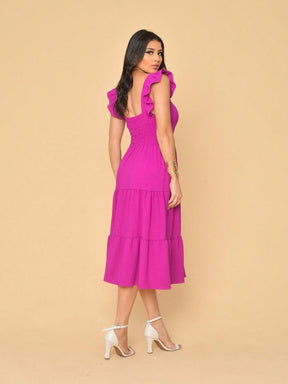 Vestido Midi Duna Lisa com Babado nas Mangas e Renda na Cintura