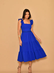 Vestido Midi Duna Lisa com Babado nas Mangas e Renda na Cintura