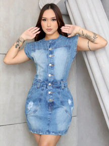 Vestido Jeans Curto Feminino com Botões