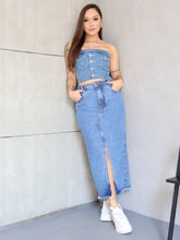 Conjunto Jeans Feminino - Blusa Sem Alça e Saia Longa