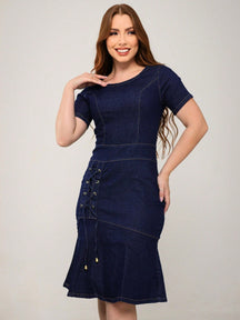 Vestido Jeans Feminino - Midi Elastano