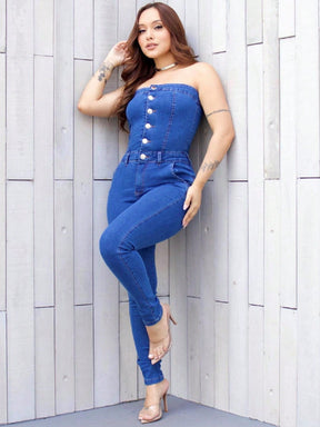 Macacão Longo Feminino Jeans - Sem Alças