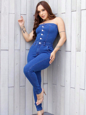 Macacão Longo Feminino Jeans - Sem Alças