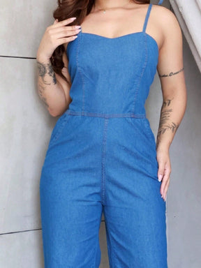 Macacão Feminino Jeans Pantalona - Alça Ajustável