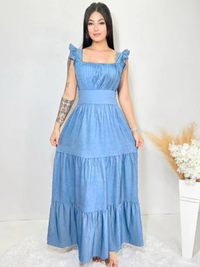 Vestido Longo Jeans com Detalhes de Luxo