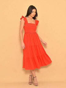 Vestido Midi Duna Lisa com Babado nas Mangas e Renda na Cintura