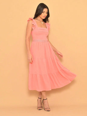 Vestido Midi Duna Lisa com Babado nas Mangas e Renda na Cintura