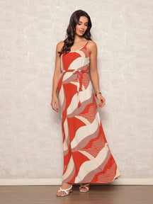 Vestido Suspensório Maxi Marrom com Estampa Geométrica