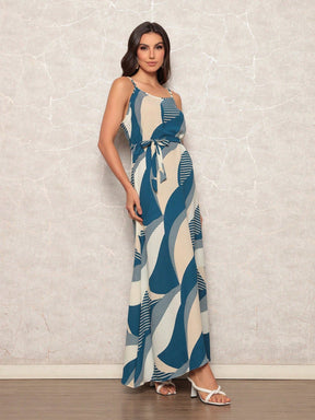 Vestido Suspensório Maxi Marrom com Estampa Geométrica